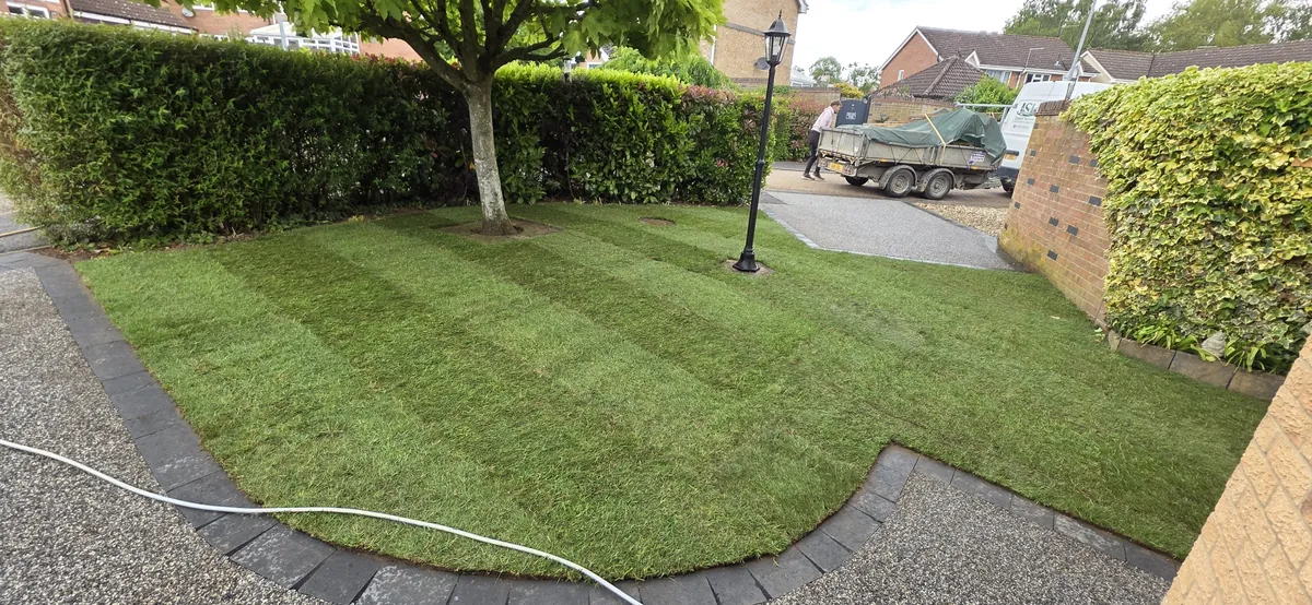 Freshly turfed front lawn in a Norwich garden